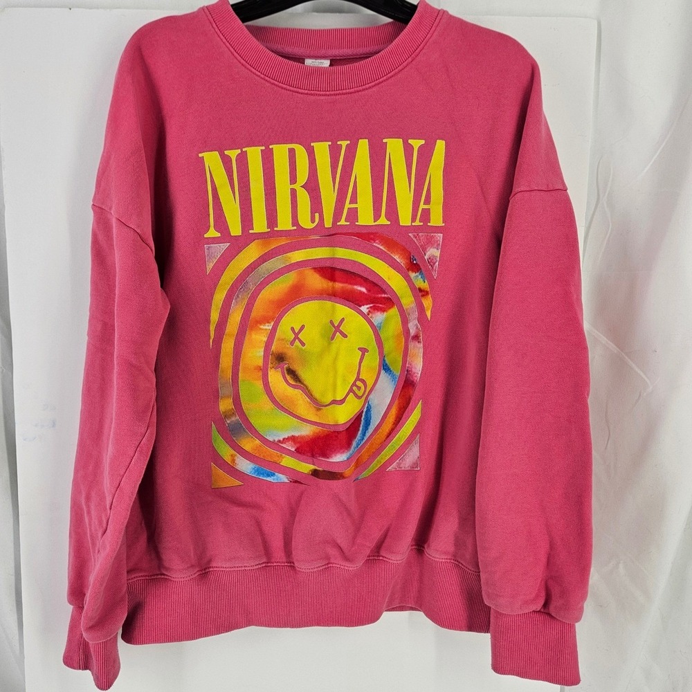 Nirvana pink smiley pullover band merch‎ sweatshirt crew neck Grunge *stains xl